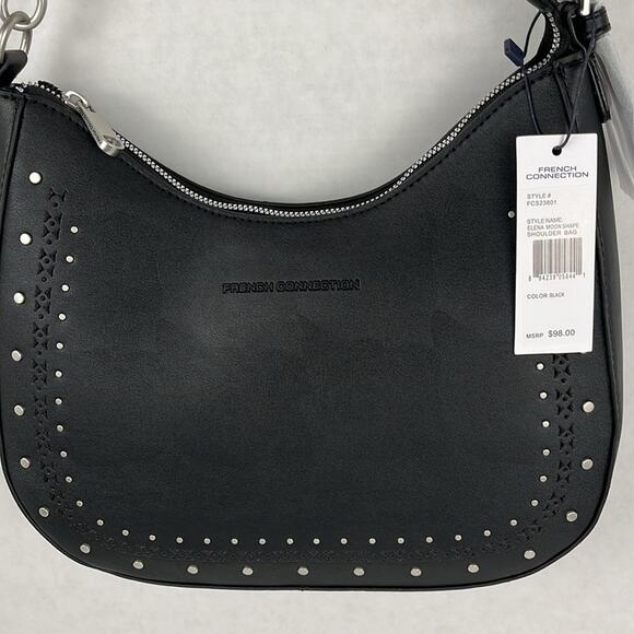 French Connection Elena Moon Shape Shoulder Bag Black Studs Silvertone Zip Close - Picture 3 of 11